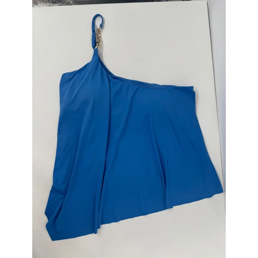 Michael Kors Womens Blue One Shoulder Ruffle Tankini Gold Chain Logo Charm Sz L
